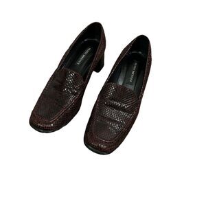 Sesto Meucci Women’s Leather Loafers 8M Snake Embossed Heels Burgundy Italy